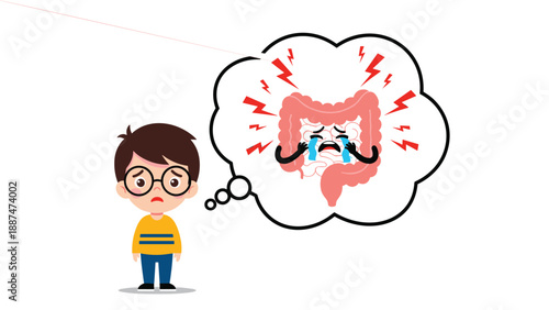Sad boy with glasses looking down as he thinks about a personified crying intestine character experiencing pain and stress.