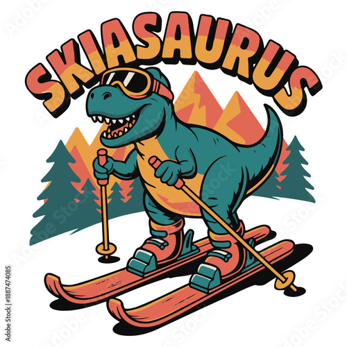 A playful and vibrant cartoon illustration featuring a 'SKIASASURUS' dinosaur enthusiastically skiing down a snowy slope with mountains and trees in the background, ideal for apparel or merchandise