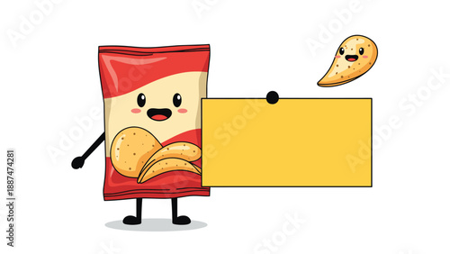 Happy red and yellow potato chips bag character holding a blank yellow sign next to a floating chip with a smiling face.