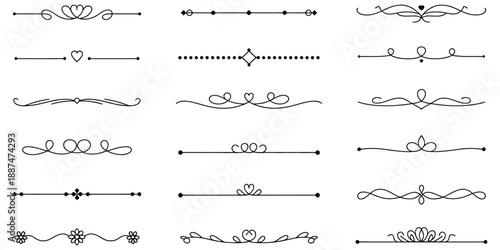 Text dividers doodle, hand drawn wedding decorative elements, divider ornaments, borders, vintage line separators, vector illustration isolated on white background.