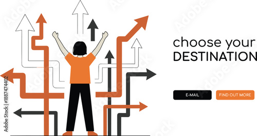 Business decision and direction concept illustration, person choosing between multiple arrows, career path selection, strategy planning, success journey, modern flat vector