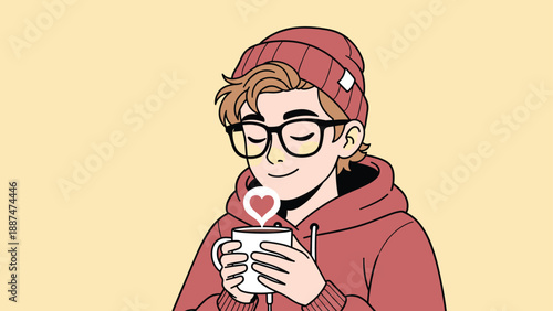 Young boy with glasses and a red beanie closing his eyes while enjoying the aroma of a hot cup of coffee with a heart steam.
