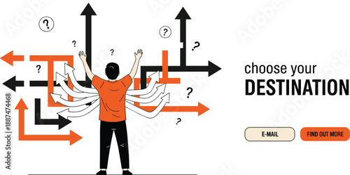 Business decision making concept illustration, person choosing destination among multiple arrows, career choice uncertainty, strategy planning, modern flat vector design