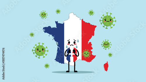Personified map of France with the national flag crying and sweating while surrounded by many green virus characters.