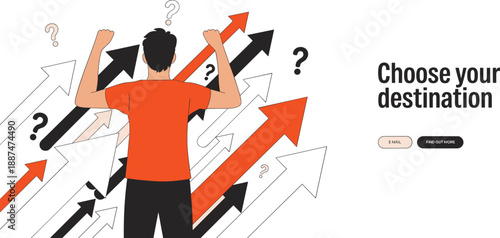 Business decision and direction concept illustration, man facing multiple arrows and question marks, choosing destination, career choice, uncertainty, strategy planning, modern flat vector design