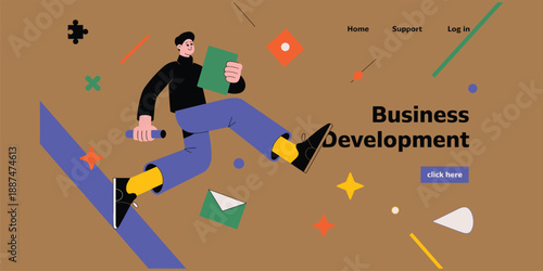 Business development landing page illustration, startup growth strategy concept, modern professional character design, digital marketing theme, flat web banner