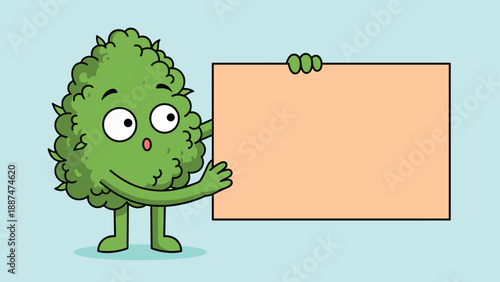 Cute green marijuana bud character with large eyes holding a blank peach colored sign against a light blue background.