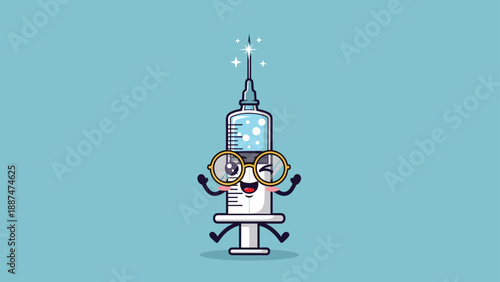 Happy medical syringe character wearing large glasses and winking while jumping with joy against a blue background.