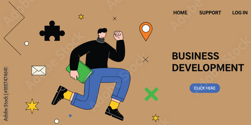 Business development landing page illustration, modern startup growth concept, professional character running forward, strategy and success theme, flat web design