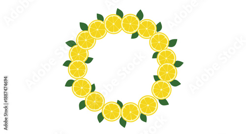 Refreshing circular wreath composed of yellow lemon slices and green leaves on a white background for summer citrus themed designs.