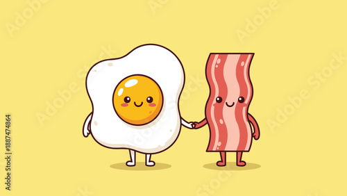 Fried egg character and a strip of bacon character holding hands and smiling on a warm yellow background as friends.