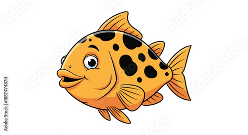 Friendly cartoon orange fish with black spots and a happy expression isolated on a white background for aquatic and pet themes.