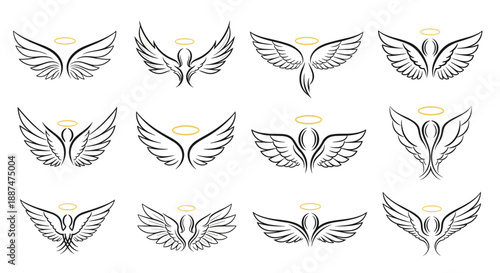 Twelve pairs of different black and white angel wings with gold halos above each representing spirituality peace and guardians.