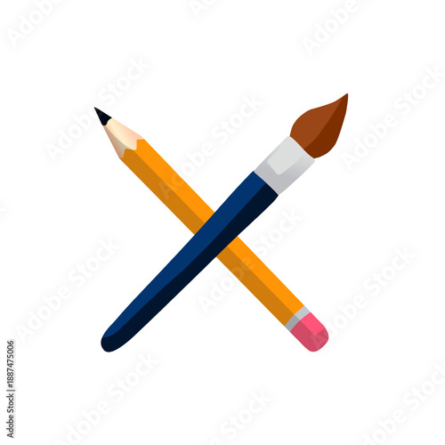 Pencil and Brush in Flat Cartoon Style for Art Design