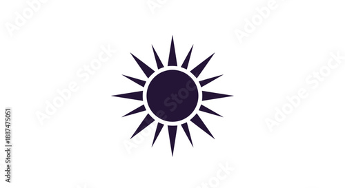 Simple black sun icon with long sharp rays radiating from a central circle isolated on a white background for weather symbols.