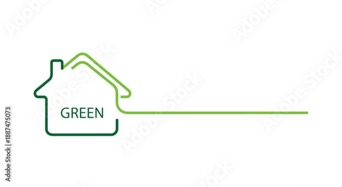Green outline of a house that transitions into a long straight line with the word green inside representing eco friendly housing.