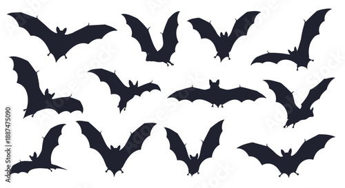 Collection of fifteen different black bat silhouettes in various flying poses isolated on a white background for halloween themes.