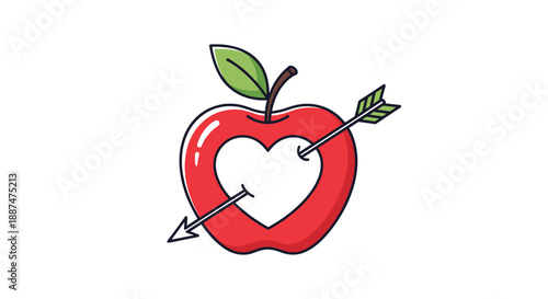 Red apple with a heart shaped hole in the center pierced by a cupids arrow representing love passion and healthy relationships.