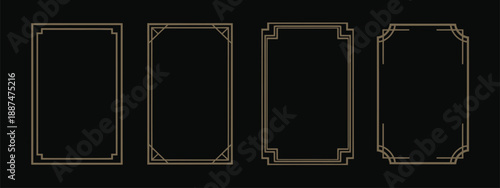 Thin metallic rectangle frames, golden glowing border elements in art deco style, vector illustration for photo frames, cards, labels, and emblems.