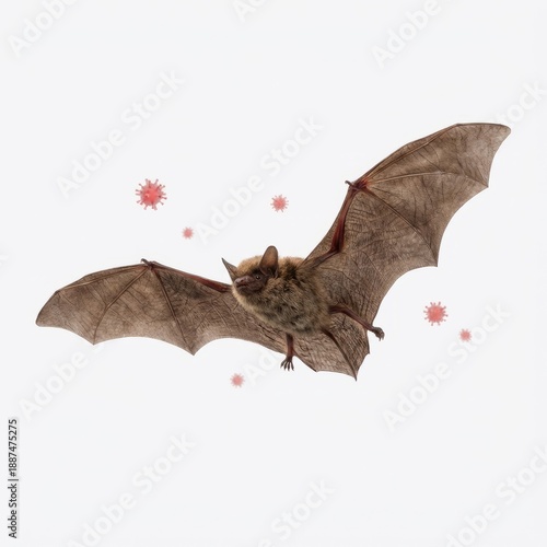 Realistic illustration of a bat in mid-flight with wings spread, surrounded by stylized virus particles on a white background, suitable for use in scientific, medical, or educational visual contexts.