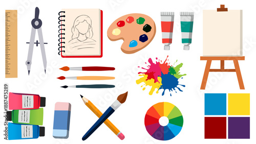 Art Supplies in Flat Cartoon Style for Creative Design