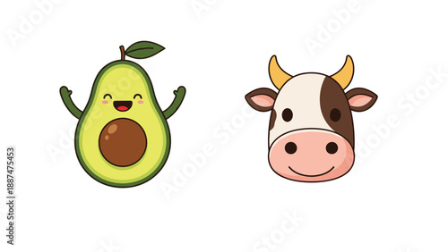 Smiling avocado character with arms raised standing next to a cute head of a brown and white cow on a white background.