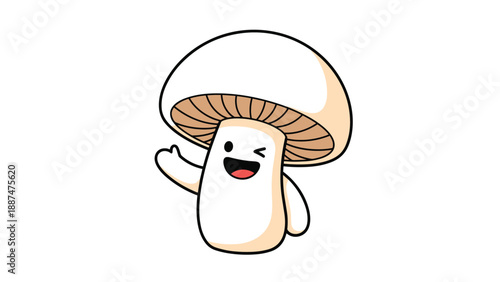 Large white mushroom character with a happy smiling face and a winking eye waving against a plain white background.
