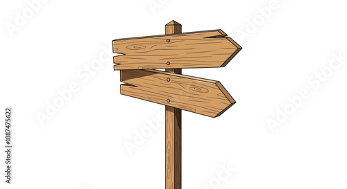 Rustic wooden signpost with two directional arrows and realistic wood grain texture isolated on white background.