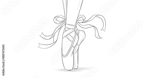 Detailed pencil sketch of a ballerina's feet in pointe shoes tied with ribbons performing a graceful dance move.