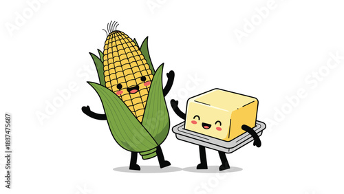 Happy yellow corn on the cob character dancing with a cute block of butter on a plate to show a perfect food match.