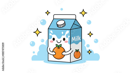 Happy white milk carton character hugging a small orange fruit while surrounded by blue bubbles and golden stars.