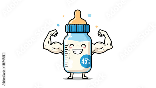 Powerful white baby bottle character with strong muscular arms and a happy smiling face showing a blue label on it.