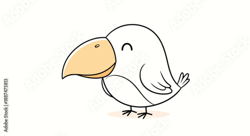 Cute cartoon illustration of a white bird with a large orange beak and a happy expression on its small round face.