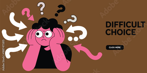 Difficult choice decision concept illustration, confused person with question marks and arrows, dilemma problem solving, uncertainty stress, flat modern vector design