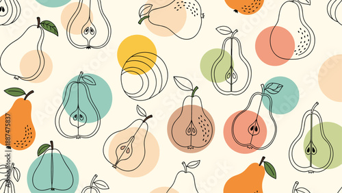 Colorful seamless pattern featuring stylized line art pears and solid circles in vibrant orange, yellow, and green shades on beige.