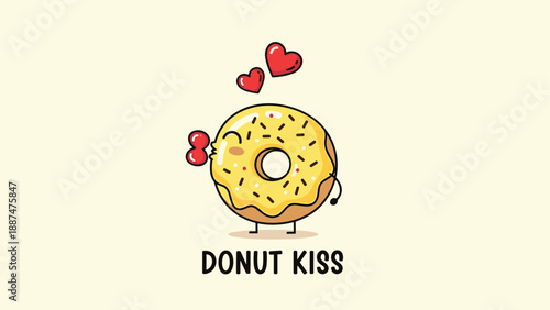 Adorable donut character with yellow icing and sprinkles blowing a kiss with red hearts floating above in a charming illustration.