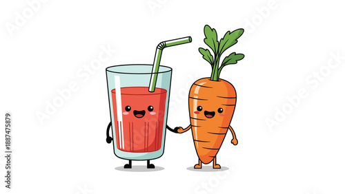 Smiling glass of red juice with a straw holding hands with a happy carrot character on a plain white background.