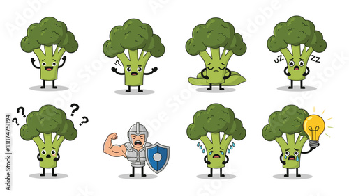 Comprehensive set of broccoli cartoon characters displaying a wide range of emotions and personas like warrior, thinker, and dreamer.