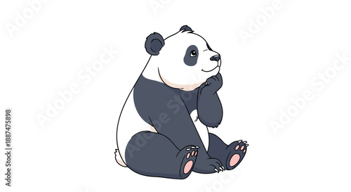 Adorable cartoon panda bear sitting in a thoughtful pose with its hand on its chin over a clean white background.