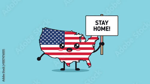 Patriotic USA map cartoon character holding a stay home sign to promote social distancing and safety on a plain light blue background.