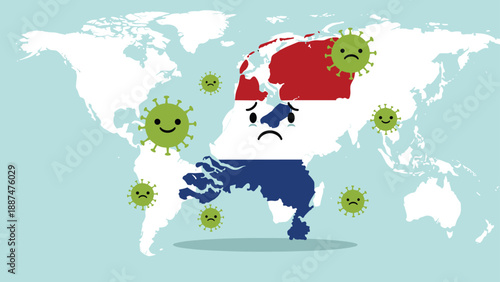 Sad Netherlands map character shedding tears as green COVID-19 virus particles float around it against a global world map backdrop.