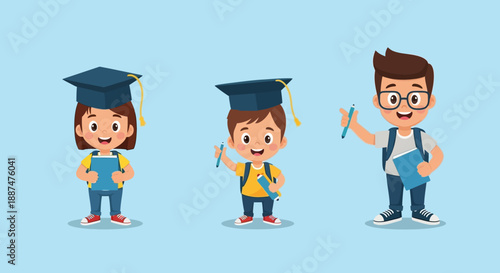 Graduation ceremony illustration featuring students and teacher in academic attire celebrating achievement