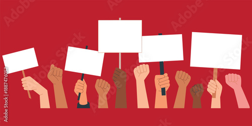 Diverse protest crowd holding blank placards, raised fists demonstration, human rights activism, freedom expression, social justice movement, political rally illustration, flat vector design