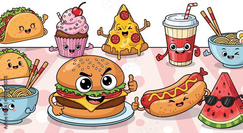 Assorted cartoon food characters including hamburgers, hotdogs, and desserts on a table viewed from directly above