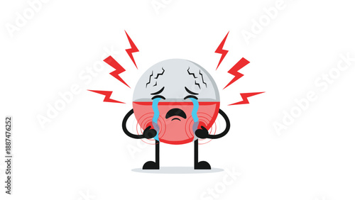Distressed red and white capsule pill character crying with tears and red lightning bolts on a plain white background for medical art.