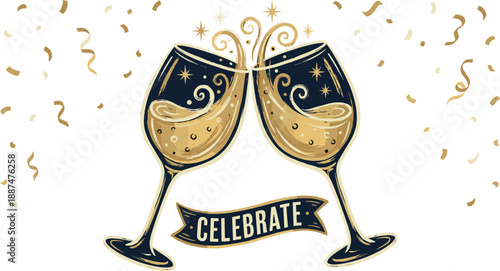 Elegant champagne glasses celebration illustration with golden confetti, festive toast concept, luxury party design, anniversary event artwork, isolated white background