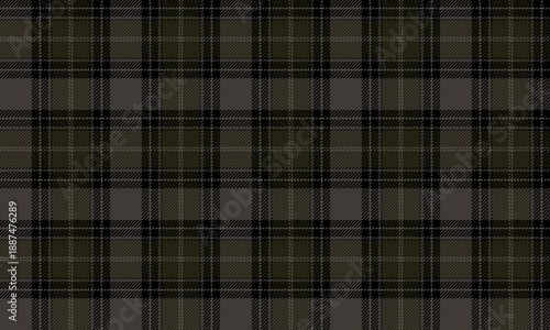 Seamless plaid fabric in dark grey, olive green, and black, ideal for clothing, skirt, trouser, and blanket designs, adding a distinctive modern classic touch.