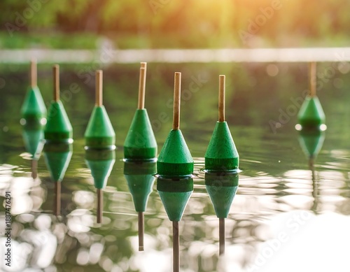Green Fishing Floats on Calm Water.