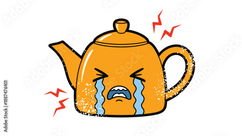 Worn out orange teapot character with cracks and tea stains crying while red lightning bolts suggest it is boiling or broken.