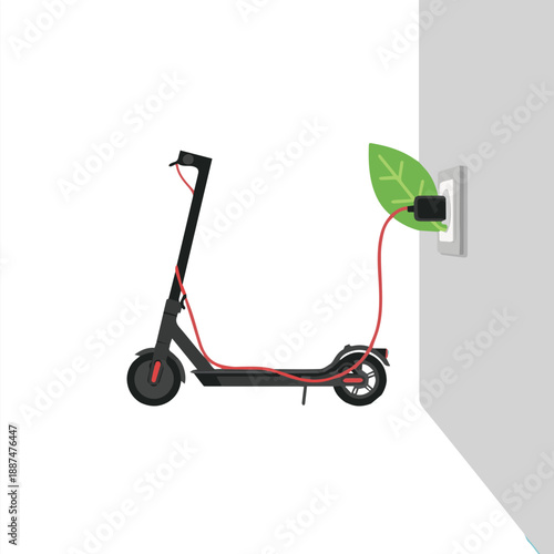 An electric scooter charging near a wall outlet with a green leaf-shaped plug
